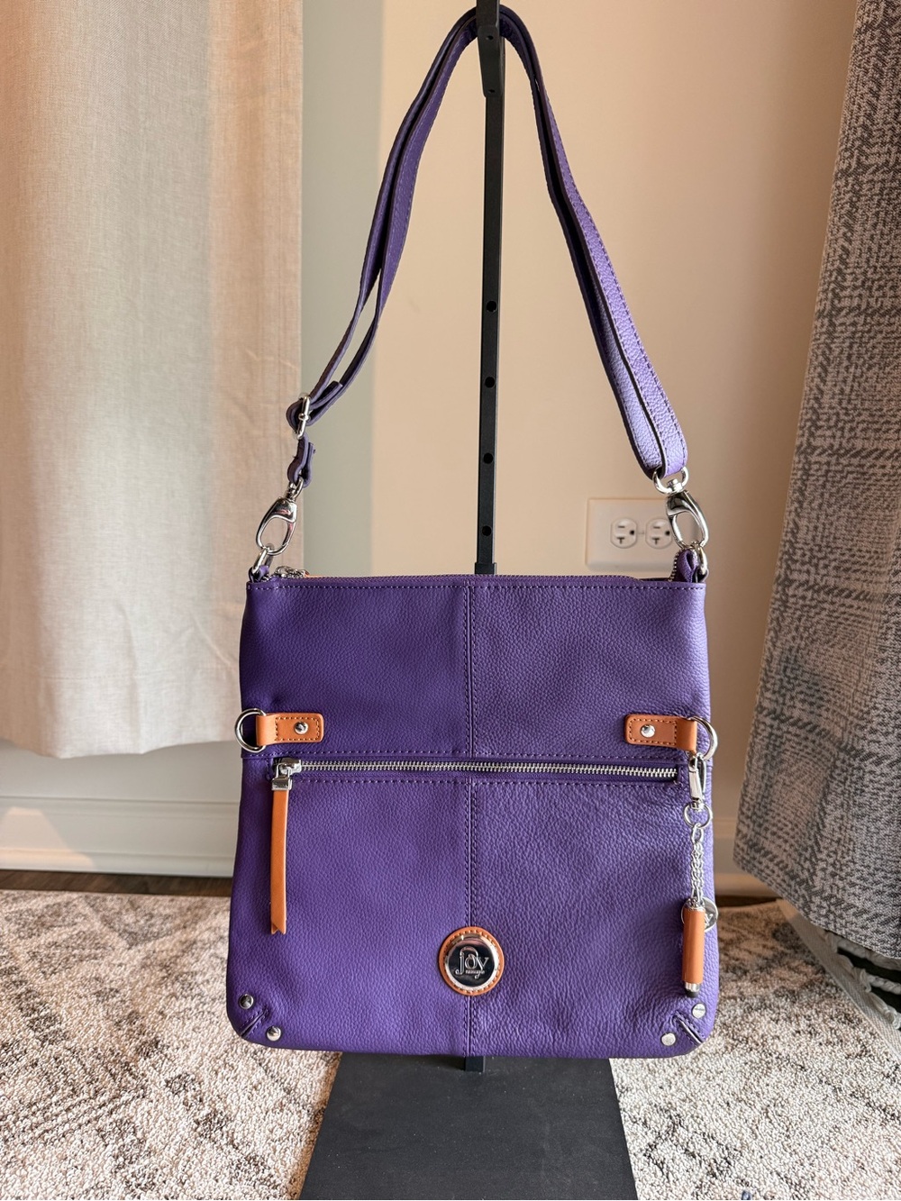 Joy Mangano Purple Leather Crossbody Bag w/ RFID Protection & Stylus